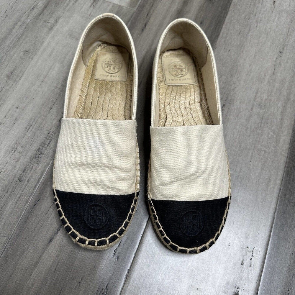 Tory Burch Cap Toe Colorblock Espadrilles Flats Cream & Black Size 9